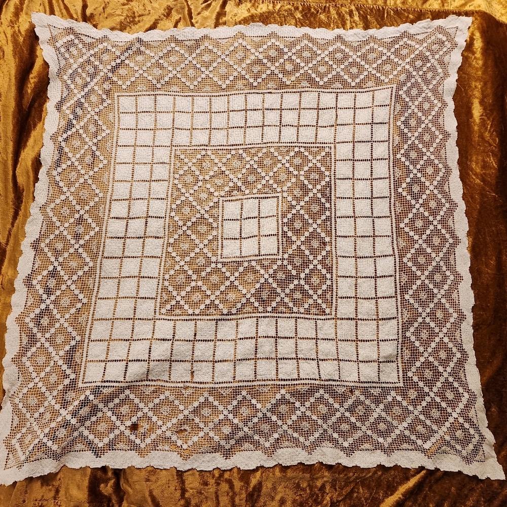 Antique Square LACE TABLECLOTH Filet Lace & Net